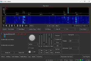 WFVIEW screenshot shows waterfall display, frequency, and radio controls for IC-7300.